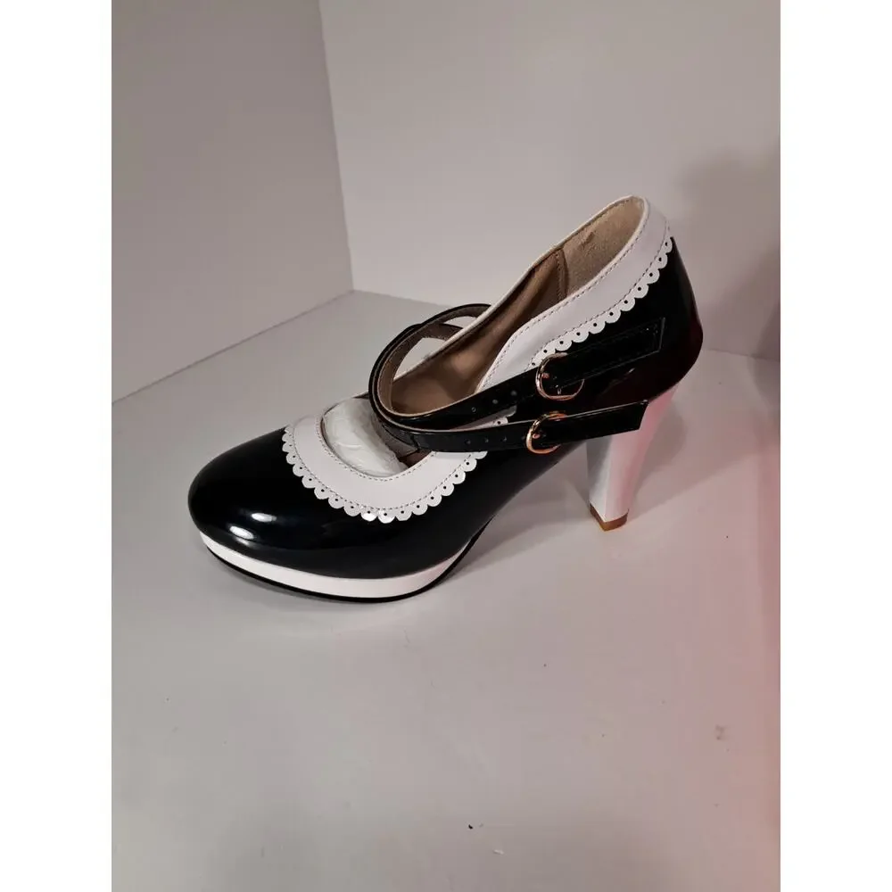 Mary Janes Clorblock White Black Retro Strappy Chunky Heel Pumps size 6